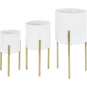 Deco 79 Metal Indoor Outdoor Planter Large Planter Pot with Removable Gold Stand, Set of 3 Planters 18", 14", 12"H, White
