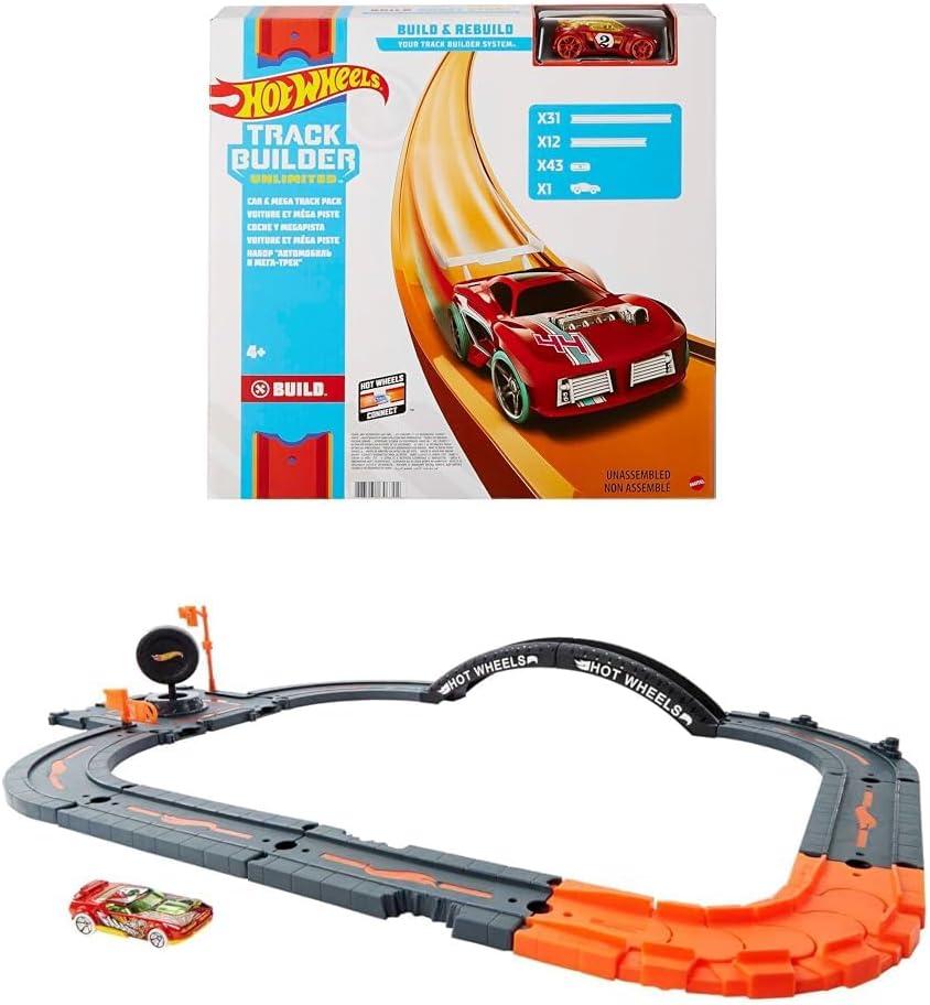Bundle of Hot Wheels Track Builder Car & Mega Track Pack, 87 Component Parts for 40-ft of Track & 1:64 Scale Toy Car + City Track Pack, 10 Component Parts, 1:64 Scale Vehicle