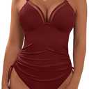 Womens Tummy Control One Piece Swimsuit Ribbed Slimming Mesh Modest Bathing Suit Metal Tie Knot Swim Suits (Medium, Burgundy)