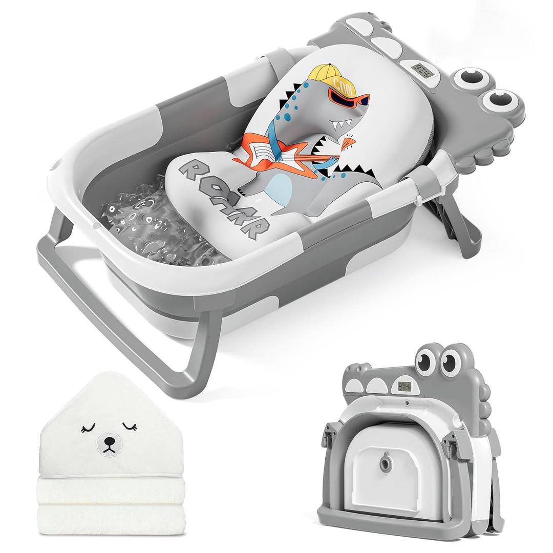 MoreFeel Collapsible Baby Bathtub for Newborn with Thermometer & 1 Hooded Towel & 1 Soft Floating Cushion, Portable Travel Bathtub with Drain Hole, Durable Foldable Baby Tubs for Infants to Toddler (Grey)