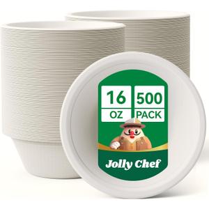 JOLLY CHEF Compostable Disposable Paper Bowl [16 oz] Heavy Duty Soup Containers [500 Pack] Biodegradable Bagasse Hot Cold Food Eco-Friendly Sugarcane Microwavable Bowls for Salad Dessert Milk Cereals