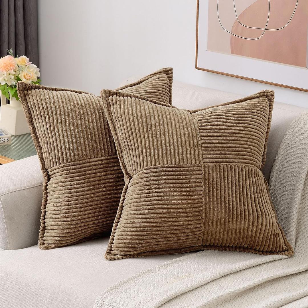 HAUSSY Brown 2 Pack 26x26 Inch Corduroy Decorative Throw Pillow Covers Boho Natural Solid Striped Cushion Cover Modern Farmhouse Home Decor for Couch Living Room Sofa Bed