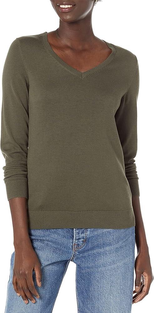 Amazon Essentials Women's Regular-Fit Lightweight Long-Sleeve V-Neck Sweater (S, Dark Olive Heather)