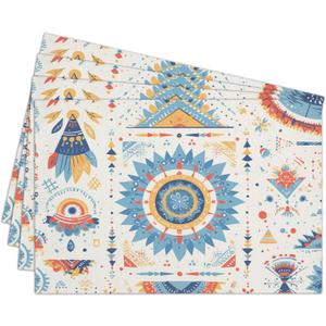 Cotton Linen Waterproof Placemats Set of 4, Bohemian Style Dining Mat Boho Table Mats Decor Fabric for Kitchen Dinner Coffee Shop Table, Indoor/Outdoor Washable Wipeable Placemat -N021