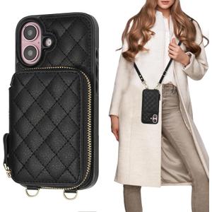 Bocasal Crossbody Wallet Case for iPhone 16, RFID Blocking PU Leather Zipper Handbag Purse Flip Cover, Kickstand Folio Case with Card Slots Holder Wrist Strap Lanyard 5G 6.1 Inch (Black)
