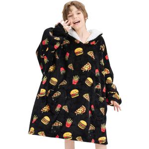 Wearable Blanket Hoodie for Kids Oversized Sherpa Blanket Hoodie for Kids Boys Girls Teens 6-13YR,Hamburger Pizza