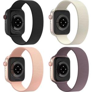 4 Pack Stretchy Nylon Solo Loop Bands Compatible with Apple Watch 49mm 46mm 45mm 44mm 42mm 41mm 40mm 38mm, Elastic Sport Strap for iWatch Ultra/2 Series 10 9 8 7 SE 6 5 4 3 2 1 women (Black/Starlight/Nude Pink/Smoke Violet)