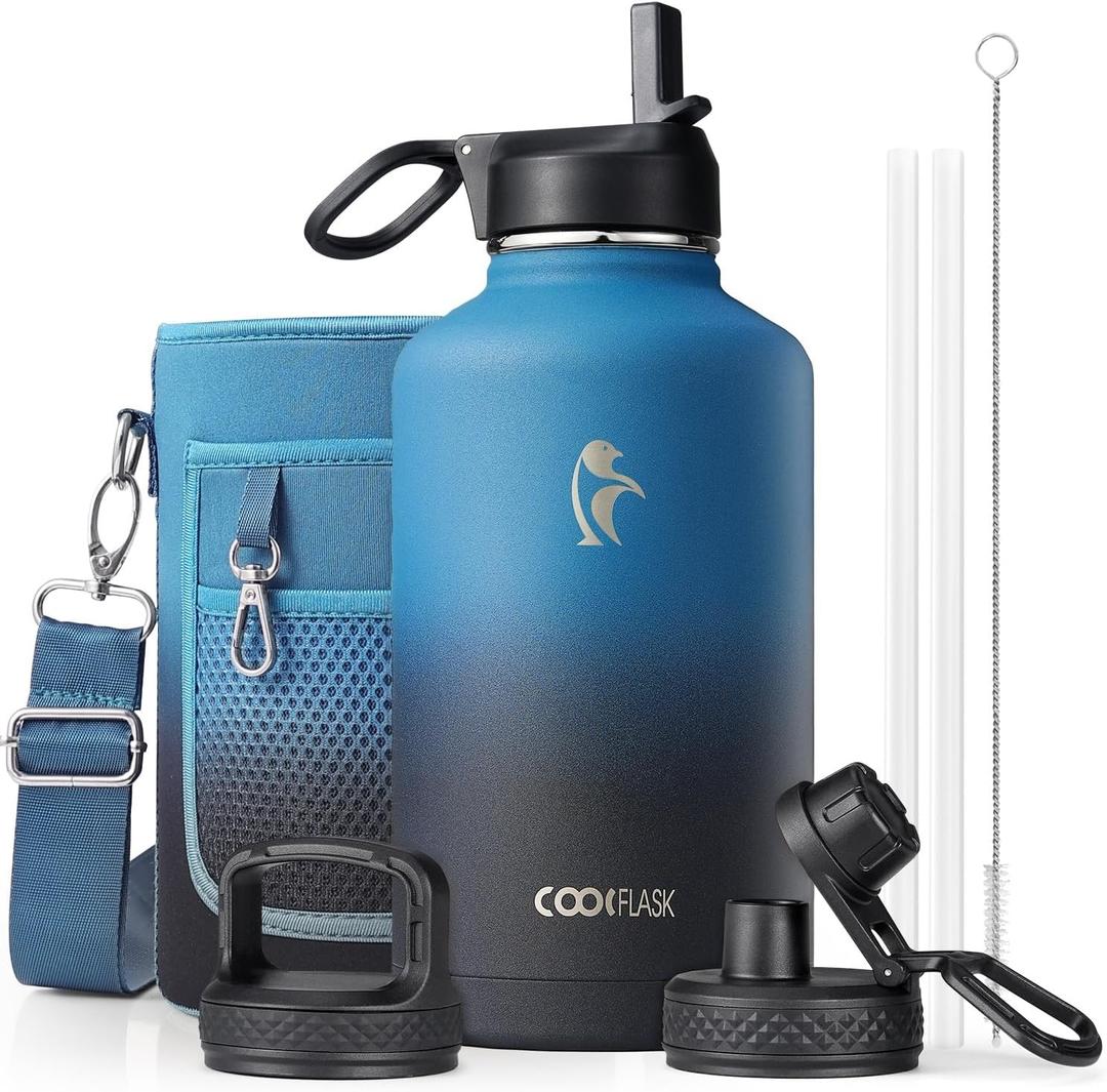 Half Gallon Water Bottle Insulated with Straw & 3 Lids, Coolflask 64 oz Water Jug Large Metal Stainless Steel Wide Mouth for Sports, Gym or Office, Non-BPA Keep Cold 48H Hot 24H, Samurai Cyan