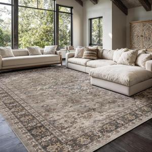 Washable 9x12 Area Rug: Vintage Non-Slip Backing Large Rugs for Living Room Stain Resistant Bedroom Carpet Soft Lightweight Farmhouse Floor Mat for Dining Room Home Office 9x12 Brown
