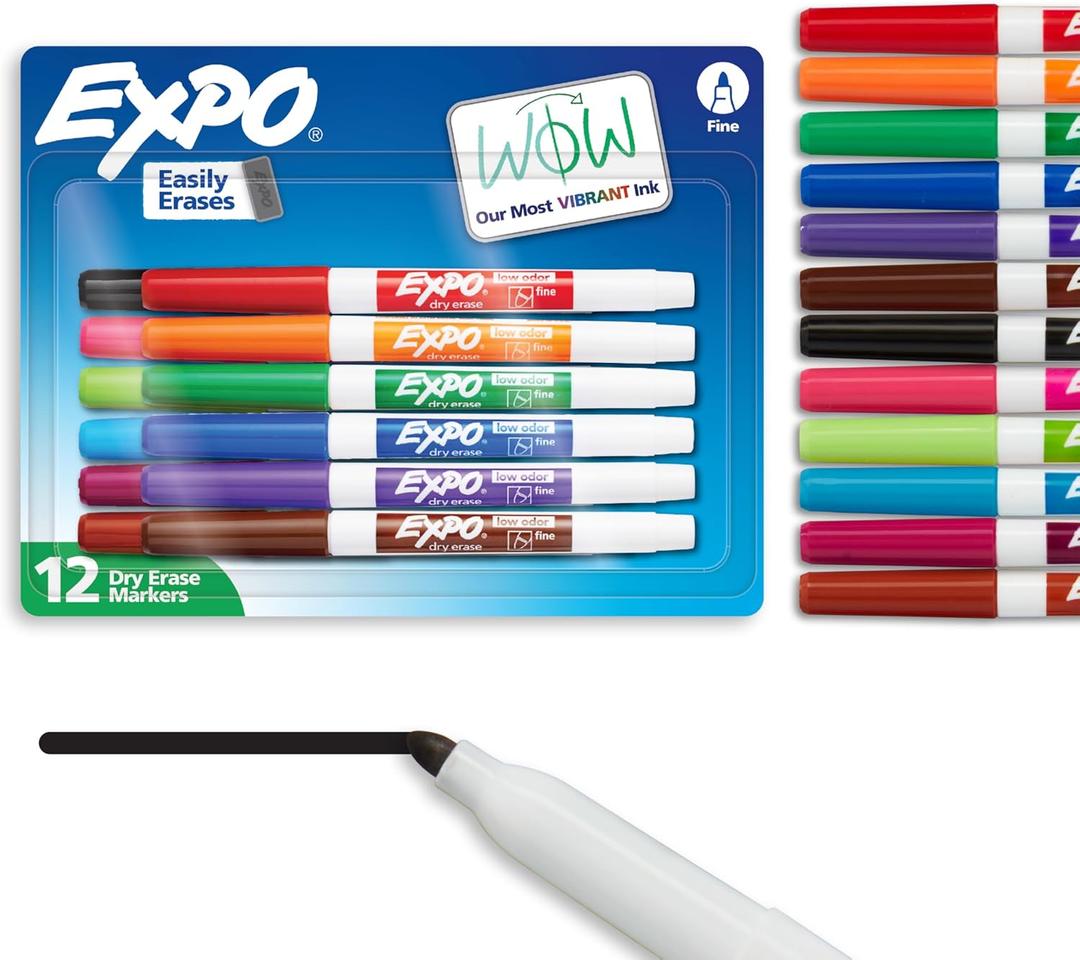 EXPO Dry Erase Markers, Low Odor Ink, Assorted Colors, Fine Tip, 12 Count - Whiteboard, Calendar, Organization, Essential Supplies for Office, School, Classroom, Teachers