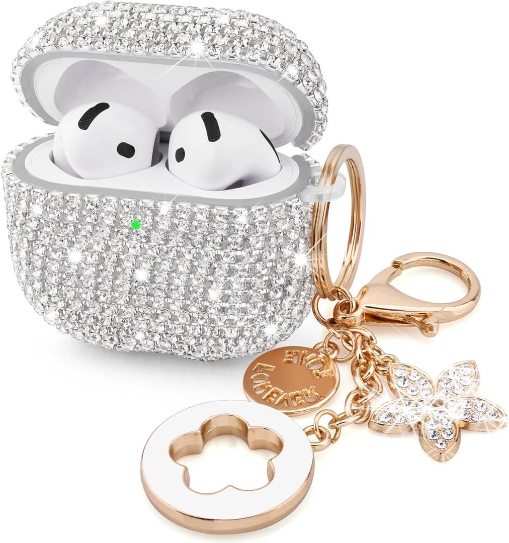 VISOOM Cute Jewelry Case for Airpods 4 Cases 2024 Cover Women, Sparkly Air pods 4 Gen Case Hard TPU Airpod Cases 4th Generation Glitter iPods 4 Cas with Bling Keychain for iPods Earbuds Airpods 4th (Silver)
