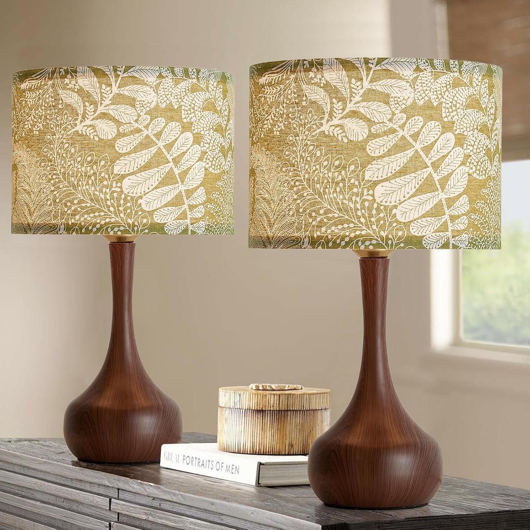 Bedside Nightstand Table Lamp for Bedroom Set of 2, Red Wood Pattern Vintage Farmhouse Decorative Small Table Lamp Desk Lamp for Living Room Home Office with Boho Green Flower Fabric Shade