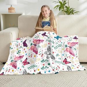 Jameswish Butterfly Kids Throw Blanket for Girls Teens Toddler White Soft Fuzzy Flannel Bed Blanket Plush Butterfly Birthday Gifts for Women Girls Kids Teens Adults, 60”x80”