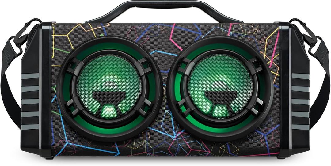 iLive Electronics IBB503GEO Portable Bluetooth Boombox with FM Radio and 2 Microphone Inputs, Color Changing LED Lights, Carry Strap, Black with Geometric Pattern