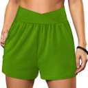 Sampeel Women's Workout Shorts Athletic Running Shorts Crossover High Waisted Gym Shorts with Pockets (Green, S)