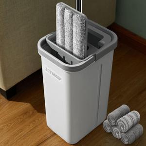 JOYMOOP Mop and Bucket Set, Hands-Free Flat Floor Mop and Bucket, 5 Washable Microfiber Pads, Wet and Dry Use, Ideal for Household and Commercial Floor Cleaning