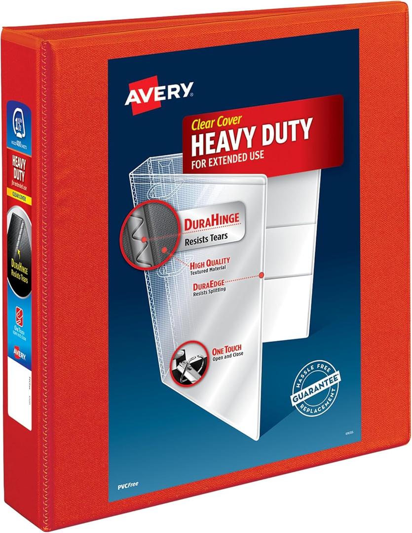 Avery Heavy-Duty View 3 Ring Binder, 1.5 Inch EZD Rings, Great for Portfolios, Office, School Notebooks, and More, 1 Red Binder (79171)