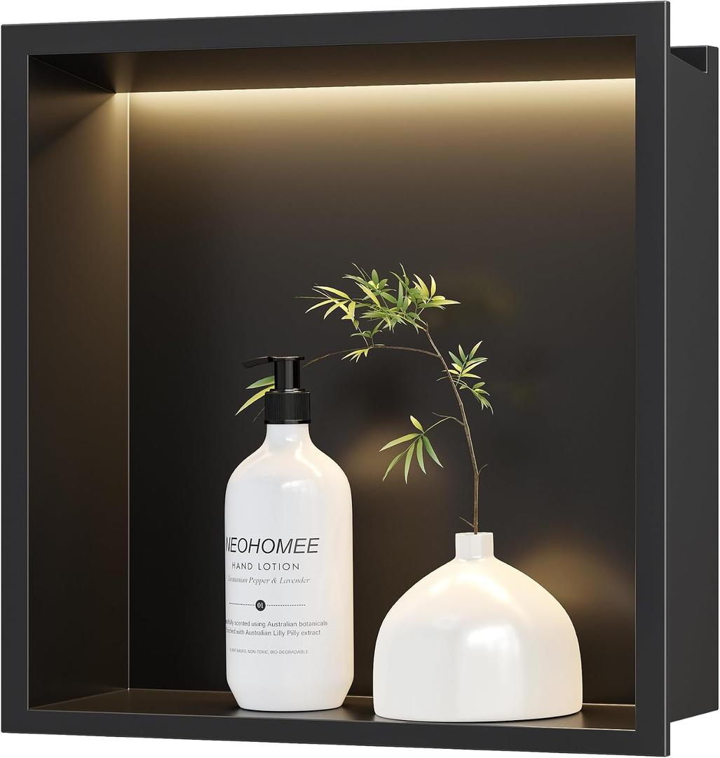 Neodrain Recessed Shower Niche with Light, 12"X12" Matte Black Stainless Steel Wall Niches with 3000K LED Light, NO Tile Needed for Bathroom Storage Waterproof Shelf, 12X12In