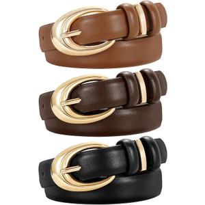 TRIWORKS 3 Pack Women Leather Belt for Jeans Pants Fashion Ladies Faux Leather Belt with Gold Buckle (Length:39.4''-Fit Waist Size 26"-31", Gold-black+brown+coffee)