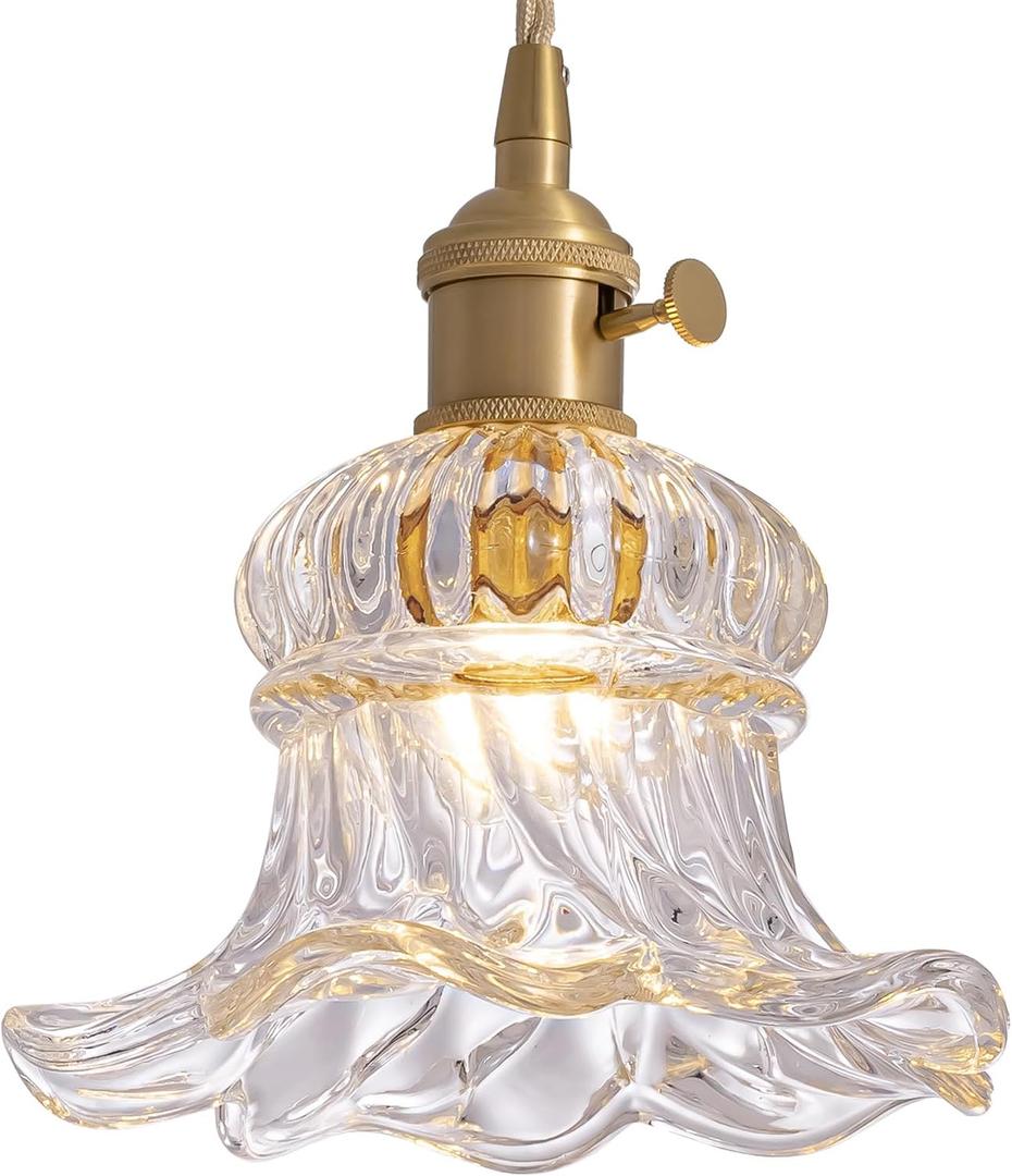 ZAUKNYA Pendant Lights Kitchen Island, White Transparent Flower Glass Pendant Lighting, Gold Brass Vintage Adjustable Small Hanging Light Fixture for Kitchen Island Dining Room Bedroom Hallway