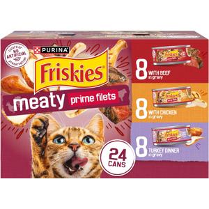 Purina Friskies Gravy Wet Cat Food Variety Pack, Prime Filets Meaty Favorites - (Pack of 24) 5.5 oz. Cans