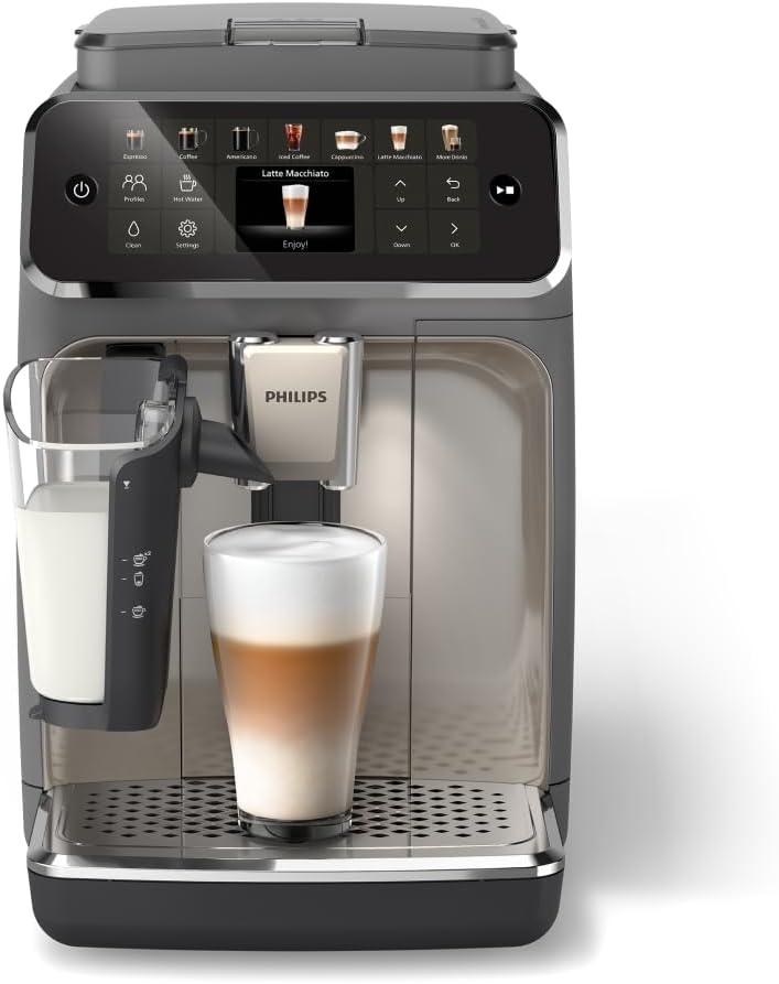 Philips 4400 Series Fully Automatic Espresso Machine  12 Hot & Iced Coffees, Quick-to-Clean LatteGo Milk System, SilentBrew, QuickStart, Ceramic Grinder, Cashmere Grey (EP4444/90)