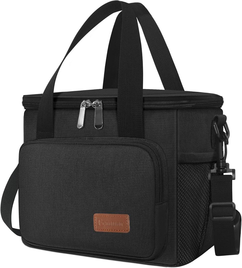 Femuar Reusable Lunch Box for Men/Women - Insulated Lunch Bag Leakproof Lunchbox for Work Office Picnic Beach - Freezable Lunch Cooler Bag with Adjustable Shoulder Strap - Black (Medium Size)