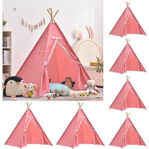 6 PCS Pink Kids Teepee Play Tent, Foldable Washable Tipi Tent Kids Boho Tent, Playhouse for Girls Boys Sleepovers Party Birthday Party Slumber Party for Indoor Outdoor Games