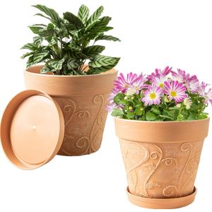 Melphoe Plant Pots Indoor with Drainage & Saucer, 2Pack 10 inch Flower Pots Outdoor Planters for Indoor Plants Garden Home Decor Cactus Succulent, Rigid Plastic (Imitation-Terracotta) Vine-Embossed