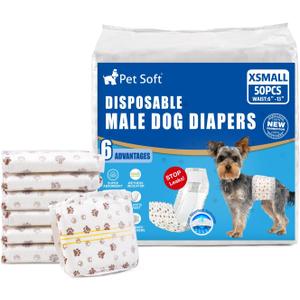 Pet Soft Dog Diapers Male - Disposable Male Dog Wraps Wetness Indicator, Ultra Absorbent Doggie Diapers Comfortable for Incontinence Excitable Urination, 50pcs, XSmall