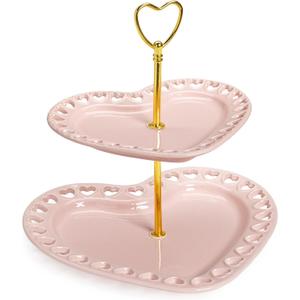 Paris Hilton 2-Tier Heart Serving Tray, Iconic Ceramic Stoneware with Metal Handle, Easy Assembly for Stylish Display, 9-Inch and 7-Inch Plates, Pink