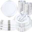 Nervure 350PCS Silver Plastic Plates - Silver Plastic Dinnerware Sets for 50 Guests - 100 Disposable Plates, 150 Silverware, 50 Cups, 50 Napkins for Wedding & Party