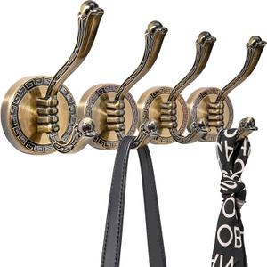 Coat Hooks 4 Pack Metal Vintage Swan Shape Hooks, Heavy Duty Large Double Hooks for Wall Hanging Coats, Towels, Robes and Jacket, Wall Mounted Hooks for Living Room Bedroom Bathroom, Bronze