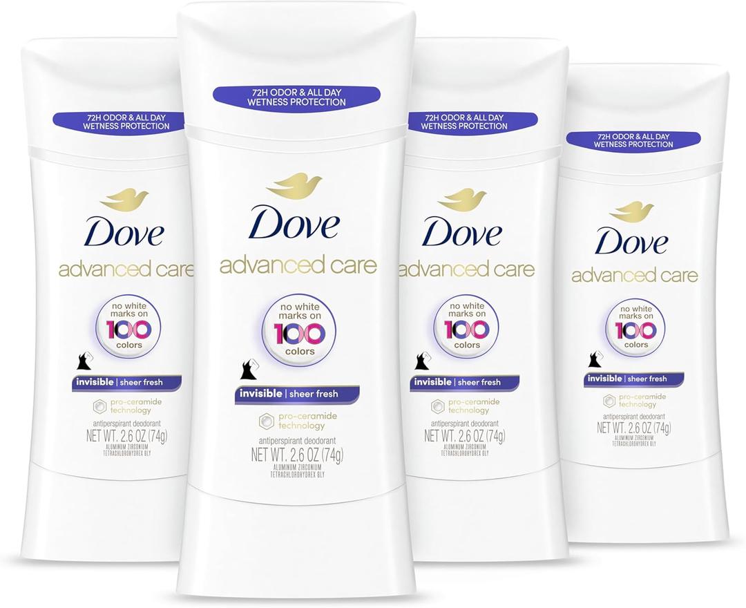 Dove Advanced Care Antiperspirant Deodorant Stick Sheer Fresh 4 Count Anti-stain antiperspirant deodorant for soft underarms 72-hour underarm odor protection and all-day sweat control 2.6 oz