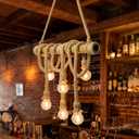 6-Light Farmhouse Chandelier Dining Room Light Fixture, Natural Bamboo & Hemp Rope Pendant Lights Kitchen Island, Boho Rustic Hanging Pendant Lighting for Bar Cafe Bedroom Living Room Decor