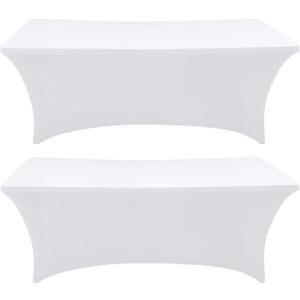 Spandex Table Cover 2 Pack 8FT White Fitted Tablecloths,Washable Wrinkle Resistant Stretch Table Cloth Rectangle for Party Hosting Supplies,Wedding Decorations,Vendor Display,Banquet