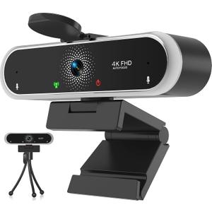 Webcam 4K with Microphone & Privacy Cover for PC/Laptop, USB Computer Camera Plug & Play with Auto Light Correction for Video Calls, Live Streaming Gaming & Online Meetings