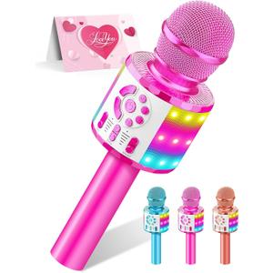 Kids Karaoke Bluetooth Microphone Toys for Girls Microphone Karaoke Machine with LED Light, Birthday Gift for Girls Boys 3 4 5 6 7 8 9 10 11 12 Year Old Kids Toys (Pink)