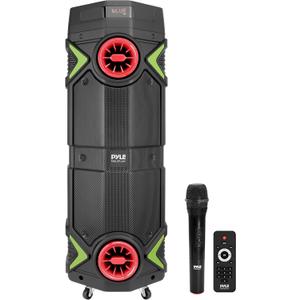 Pyle 400W Remote Control Portable Bluetooth PA Speaker-Dual 8 Rechargeable Indoor/Outdoor BT Karaoke Audio System-Party Lights,LED Display,FM/AUX/MP3/USB/SD,1/4' in,Handle,Wheels-Wireless Mic