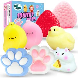 8 Pcs Taba Squishies Pack - Squishy Pack Includes (2 Strawberry, 2 Cat Paws,2 Banana,1 Hamster,1 Chick), Squishy Fidget Toys Set, Gifts for Kids, Party Favors - Cute Taba Handmade Stress Toys
