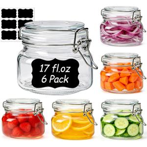 ComSaf Set of 6 Square Glass Jars with Airtight Wire Clamp Lids (17 Oz), Wide Mouth Pantry Canisters for Overnight Oats, Jam, Pickling, Spice Storage, Gifts