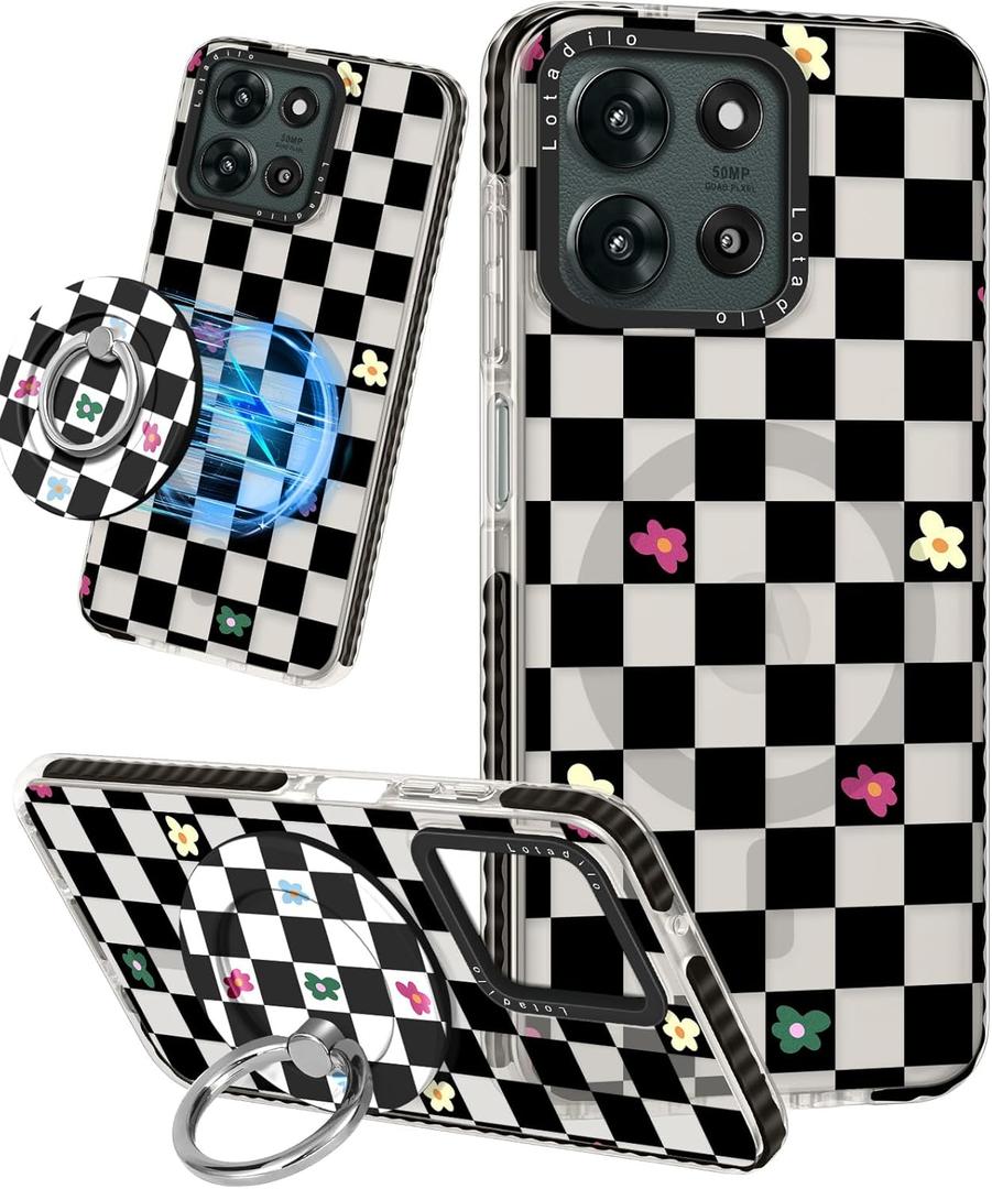Lotadilo Cute Case for Motorola Moto G 5G 2025 for Women Girls - Funny Plaid Flower Design Compatible with Magsafe Ring Holder Magnetic Stand Kickstand Fashion TPU Phone Covers Kawaii