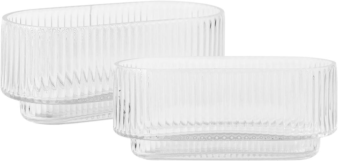 Ribbed Glass Vases, Clear Vases for Flowers Set of 2, Glass Vase for Centerpieces, Rectangle Vase for Living Room, Bedroom, Kitchen, Dining Table, Shelf, Wedding (Small)