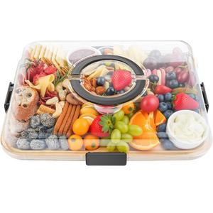 Charcuterie Board with Clear Lid, 2 Side Bamboo Cheese & Cutting Board for Entertaining, Includes 2 Plastic Cutting Mats & 4 Cheese Knives, Travel Snack Tray with lid, Charcuterie Boards Gift Set