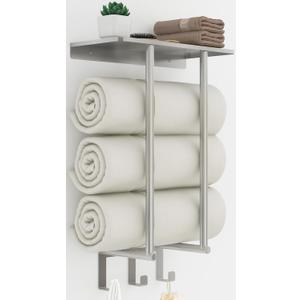 Towel Racks for Bathroom Wall Mounted, Bethom Towel Rack with Shelf & 3 Hooks, Brushed Nickel Towel Storage Holder Wall for Large Rolled Towels