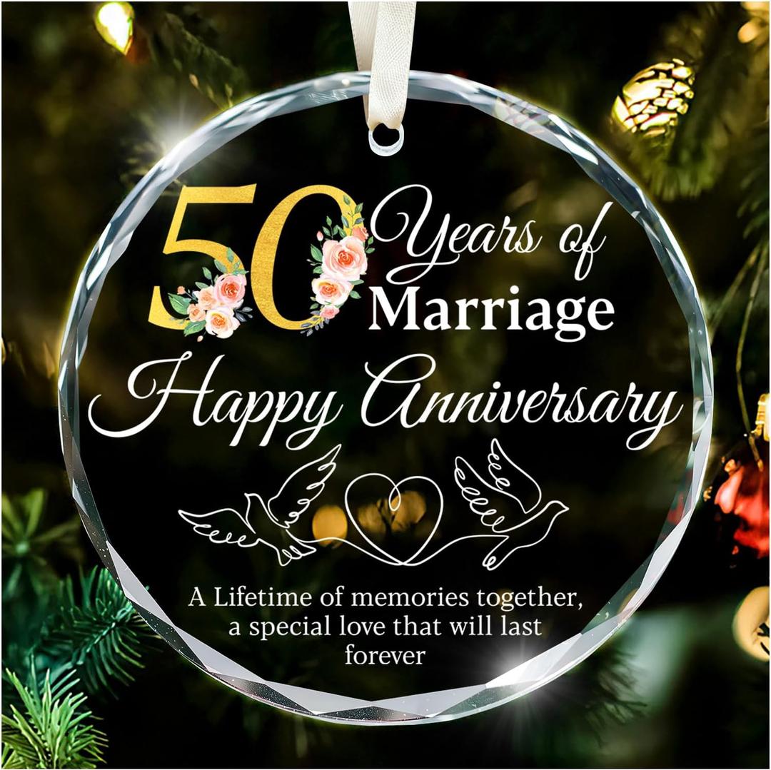 3 x 50th Wedding Anniversary Glass Ornament  Golden 50 Years of Marriage Keepsake Gift, Happy Anniversary Decoration for Parents, Grandparents, Mom and Dad, Christmas Tree Hanging Ornament