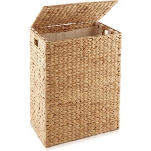 Casafield Large Laundry Hamper with Lid and Removable Liner Bag - Natural, Woven Water Hyacinth Rectangular Laundry Basket Sorter for Clothes and Towels
