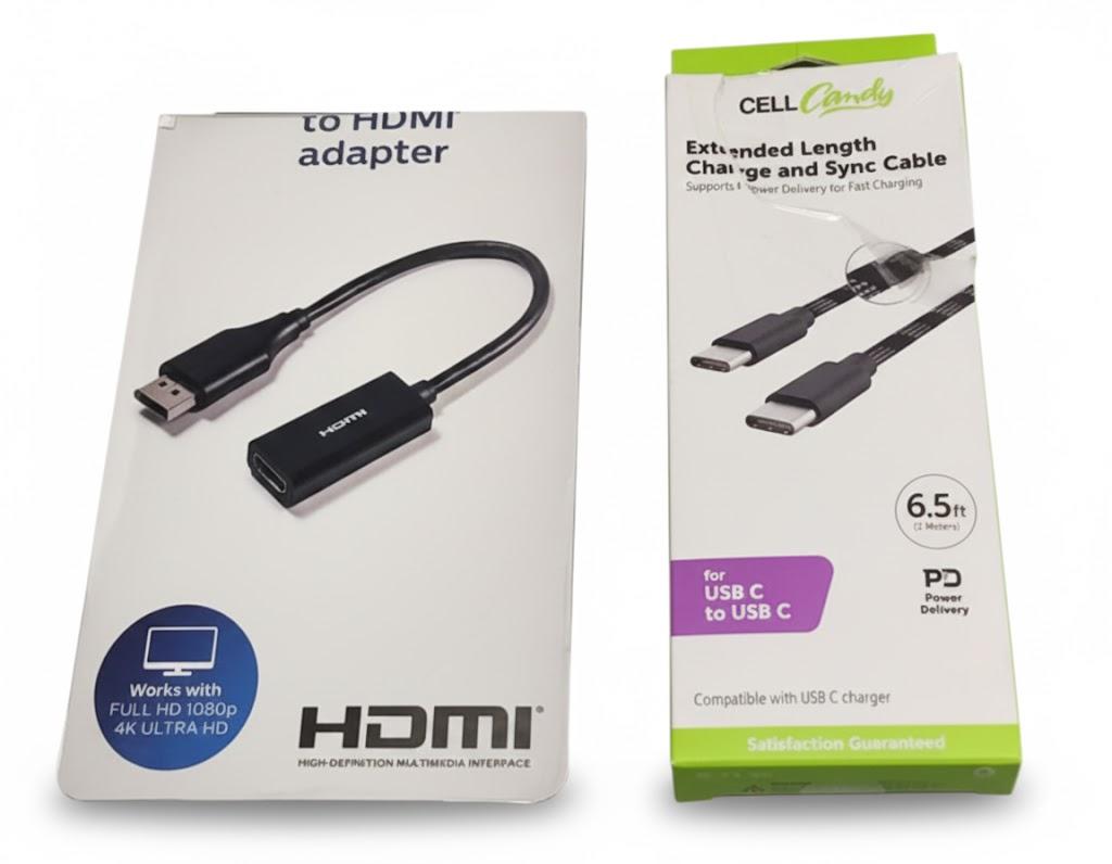 set of 2 , Cell Candy-Extended Length Charge & Sync Cable-USB-C to USB-C - 6.5 Ft - Black, HDMI Adapter