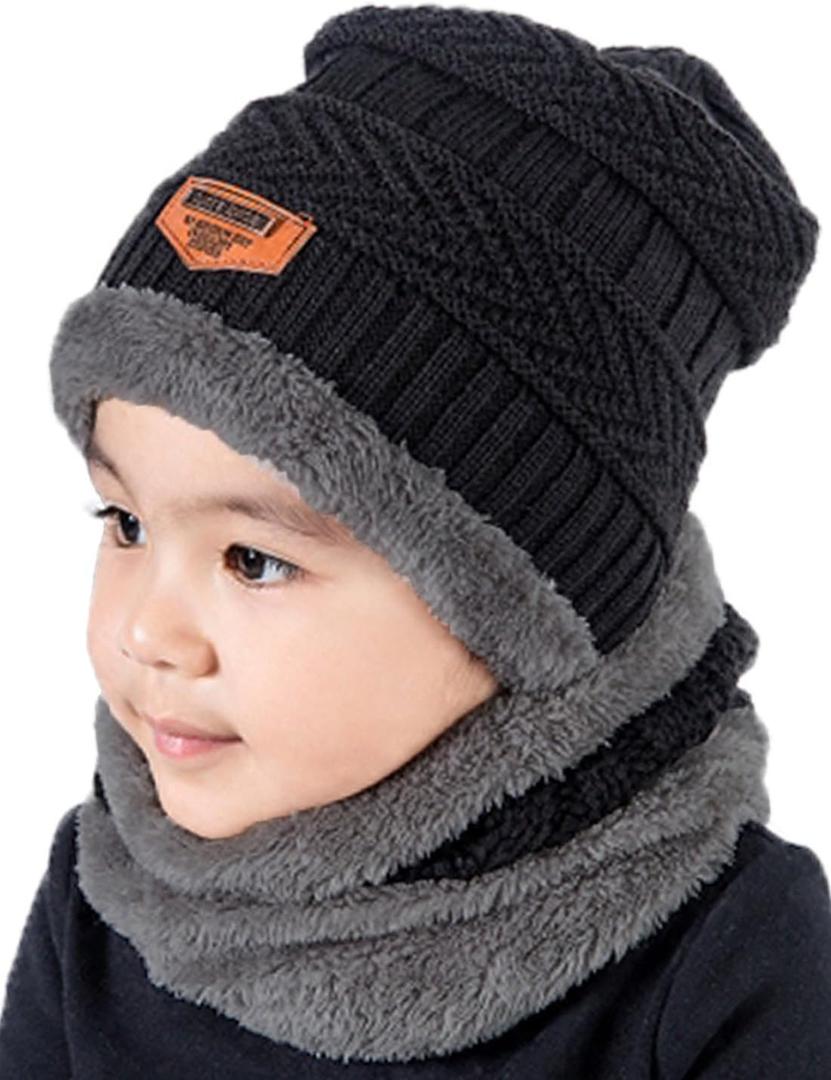 T WILKER 2Pcs Kids Winter Knitted Hats+Scarf Set Warm Fleece Lining Cap for 5-14 Year Old Boys Girls