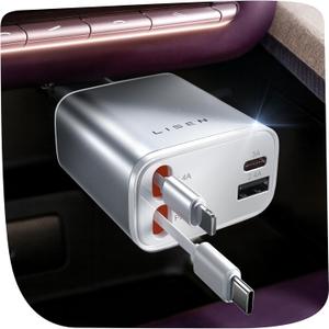 LISEN White Retractable Car Charger for iPhone 17 16 15 14 13 12 Pro Max Plus Mini, Cute 4 in 1 Retractable USB C Car Charger for Women, 75W Fast Charging Car Accessories for iPhone & Samsung & iPad